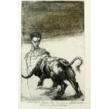 Etching, matador and bull, signed in pencil with the initials E A and with a quote from Garcia