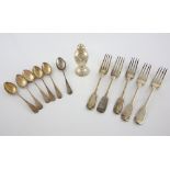 Five George IV silver fiddle pattern dessert forks, by William Eaton, London, 1829, pepperette and