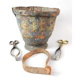 18th Century leather fire bucket and two pair of brass tongs Fire bucket 24 cm .