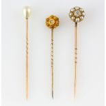 Victorian old cut diamond and seed pearl stick pin, estimated diamond weight 0.20 carat, mounted