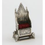 Edward VII silver novelty pin cushion in the form of a coronation throne, by Levi & Salaman,