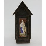 Porcelain and enamel plaque of the Virgin Mary in a carved wood shrine 12.5cm x 6cm.
