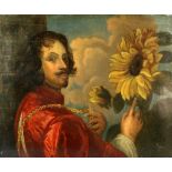 Late 18th/early 19th century portrait of a man, in red cloak with gold chain, holding a sunflower,