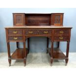 19th Century mahogany desk, the super-structure with two cupboard doors to tall leather top, base