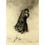 Charles-Albert Waltner (British, 1846-1925), etching of a cloaked female figure monogrammed FW 1863,