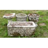 Rectangular stone garden planter width 56cm , a pair of composite stone garden planters and a bird