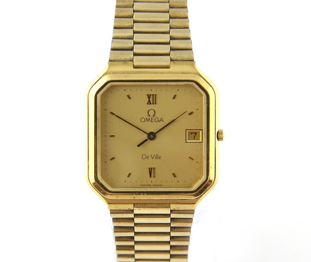 Omega, gentleman's De Ville Quartz gold plated wrist watch, the octagonal case around brushed yellow