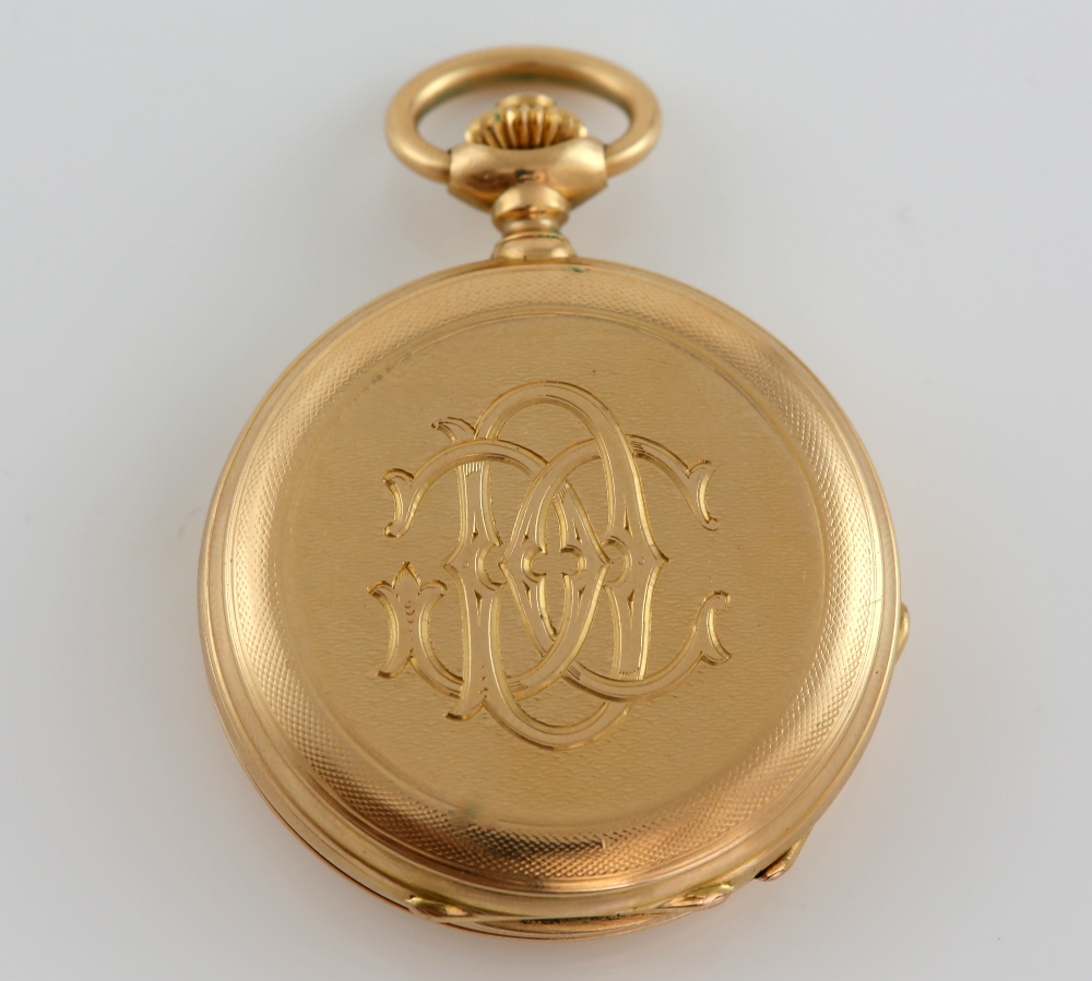 Full hunter pocket watch, white enamel dial with Roman numerals, subsidiary dial and minute track, - Image 2 of 4