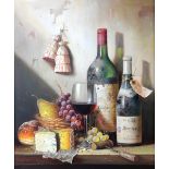 § Raymond Campbell (British, 1956), still life depicting table set with wine and cheese, oil on