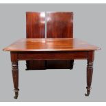 19th century mahogany dining table on turned reeded legs , 120cm x 133cm with two leaves