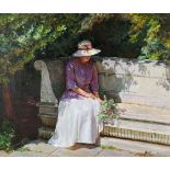 Russian school, Young woman seated on a stone bench, oil on canvas, signed indistinctly B Jionob and