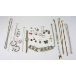 A group of silver and costume jewellery, including a Swiss Grovana quartz watch, stainless steel and