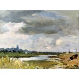 § Edward Wesson (British, 1910-1983). Estuary view with church in the background, oil on board,