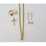 Collection of gold items, including Anchor link necklace, round cut white paste ring, size L, oval