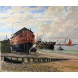 R. H. Penton (British, 1882-1960), 'The Old Powder Hulk and HMS Cornwall', signed, oil on canvas,