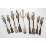 Georgian and Victorian silver fiddle pattern forks comprising 4 table forks, and 4 dessert forks,