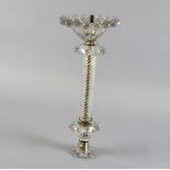 Late 19th C glass column table lamp with wrythen glass column and large beaded glass sections, 40 cm