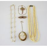 Mixed group of items, pearl and bar link necklace, mounted in yellow metal testing as 18 ct, with