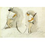 George Richmond, (British, 1809-1896), 'Two studies of harvesters leaning on their scythes',