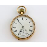 1930's open faced pocket watch, white enamel dial with Roman numerals, subsidiary dial and minute