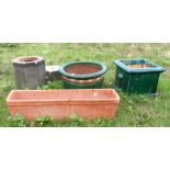 Square green glazed planter 25cm a round green glazed planter , terracotta planter and a stand