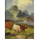 Charles W. Oswald British (fl 1890-1900), highland cattle with mountain beyond, signed, oil on