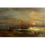 Oil on canvas, fishing boats on a choppy sea at sunset, 40cm x 60cm.