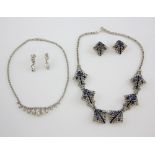 1940's costume jewellery, white paste Jay Flex silver necklace and matching screw back earrings
