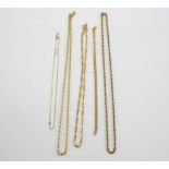 Five gold modern gold chains, all 9 ct PROVENANCE: Sold on behalf of Woking & Sam Beare Hospices..