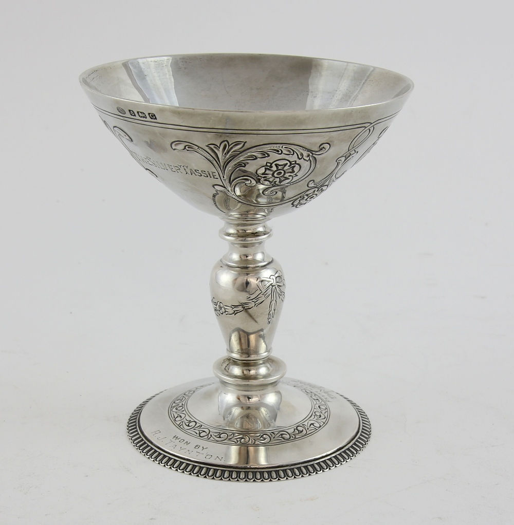 Silver Tassie cup the bowl applied with flower heads and scroll work, on a pedestal foot - Image 2 of 4