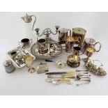 Silver plated items to include a jug, goblets, candelabrum, teapot and coffee pot, flatware, tea