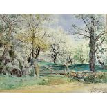 Hughson Hawley (1850-1936) Gate to an orchard, watercolour, signed and dated 96, 35cm x 46cm.