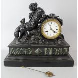 Early 20th Century polished slate green marble and spelter mantel clock with figural finial 36 x