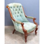 19th century mahogany framed button back arm chair, and another early 20th century mahogany framed