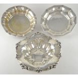 Two modern continental silver dishes, with hammered finish, stamped 800, together with a sterling