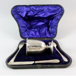 Victorian silver christening set, comprising mug, knife, fork and spoon, with engraved decoration,