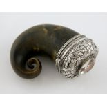 Victorian white metal mounted horn snuff mull with inset jewelled cover, 8.5cm long,.