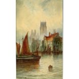 T. Mortimer, 19th-20th century, continental river scene with boats and cathedral beyond, signed,