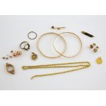 Group of gold jewellery, two bangles, a ring mount, both testing as 14 ct, other items in 9 ct