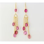 Pink tourmaline drop earrings, oval and pear cut pink tourmaline, connected by chain links,