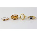 Four gem set ring, sapphire and diamond cluster ring, size U, with an opal ring, size O, citrine and