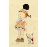 Mabel Lucy Attwell (British, 1879-1964), young girl with puppy, watercolour drawing, signed, 14cm