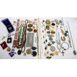 Collection of costume jewellery, stone bead necklaces, oval agate brooches, paste set fox brooch,