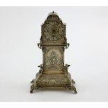 Dutch silver miniature long case clock with embossed decoration with cherubs and figures, 21 cms