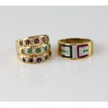 Two ruby, diamond, emerald and sapphire rings, vintage three row gypsy set ring, and dress ring,