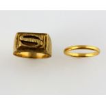 Two rings, gold wedding band, size M, in 22 ct and textured S signet ring, size Q, yellow gold