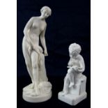 Minton parian figure of a bather, 33.5cm high, and a Bisque Enfant écrivant after Charles-Gabriel