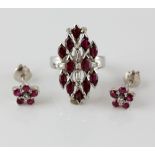 Ruby and diamond ring and earrings, white gold stamped 18 ct. Gross weight 11.1 grams