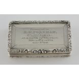 Victorian silver rectangular snuff box with moulded floral and engine turned decoration, engraved