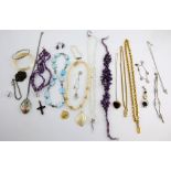 Collection of costume jewellery, amethyst necklaces and matching earrings, faux pearl necklaces,